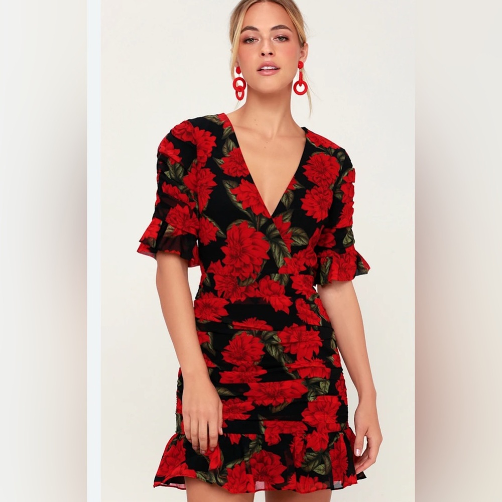 Floral Red and Black Ruffle Dress